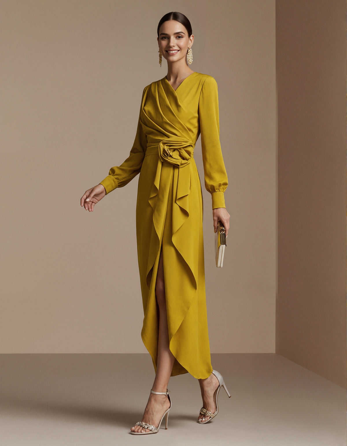 Mustard Yellow V-Neck 3D Floral Maxi Dress