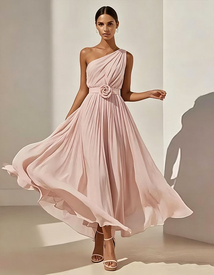 Pink One Shoulder Chiffon 3D Flower Maxi Dress