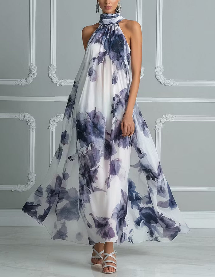 Purple Blue Ink Wash Print Halter Neck Chiffon Maxi Dress