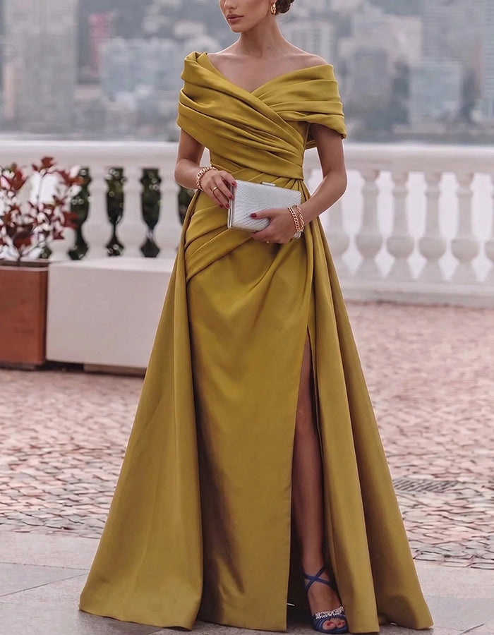 Mustard Yellow Off Shoulder Twisted Ruched Satin Maxi Dress