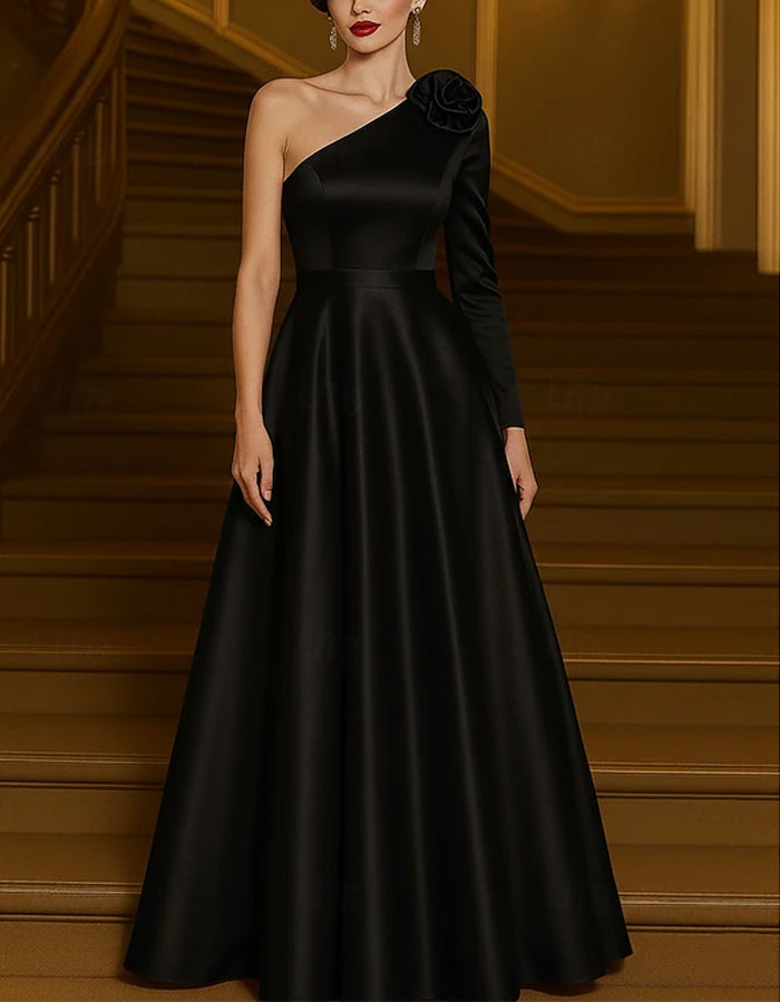 Solid Color Satin One Shoulder Long Sleeve 3d Flower Maxi Dress