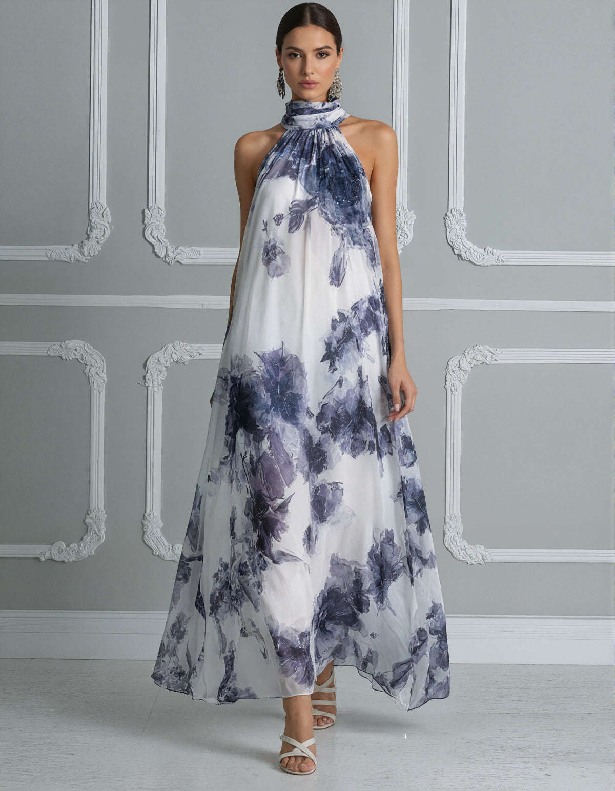 Purple Blue Ink Wash Print Halter Neck Chiffon Maxi Dress
