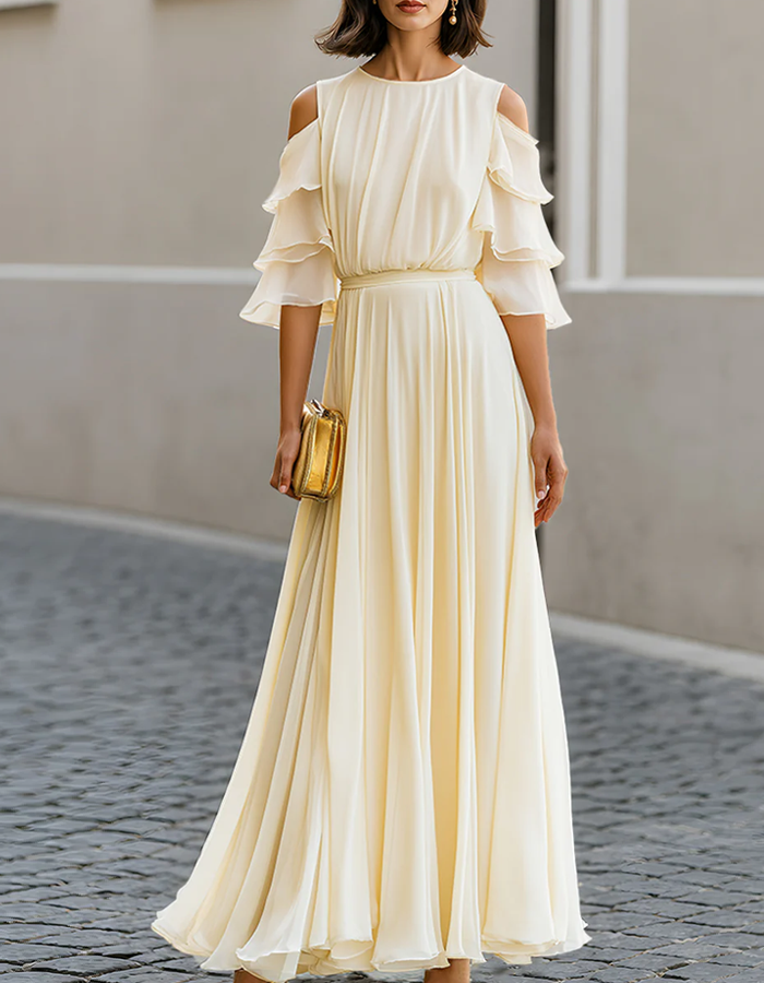 Cream-colored Chiffon Off-the-shoulder Ruffled Maxi Dress