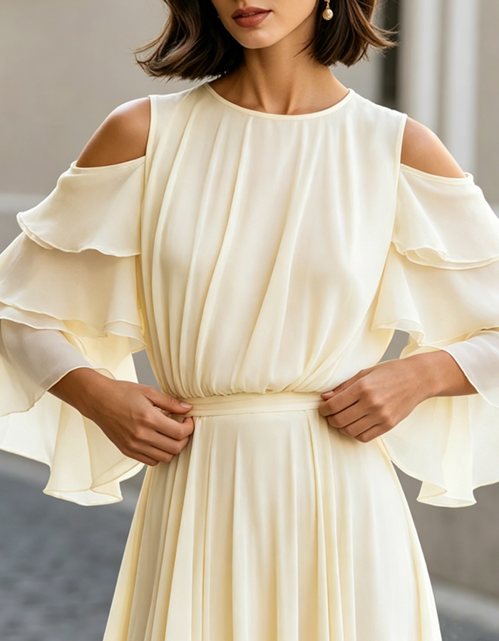 Cream-colored Chiffon Off-the-shoulder Ruffled Maxi Dress