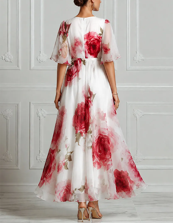 Watercolor Rose Print Round Neck Flutter Sleeve Chiffon Maxi Dress