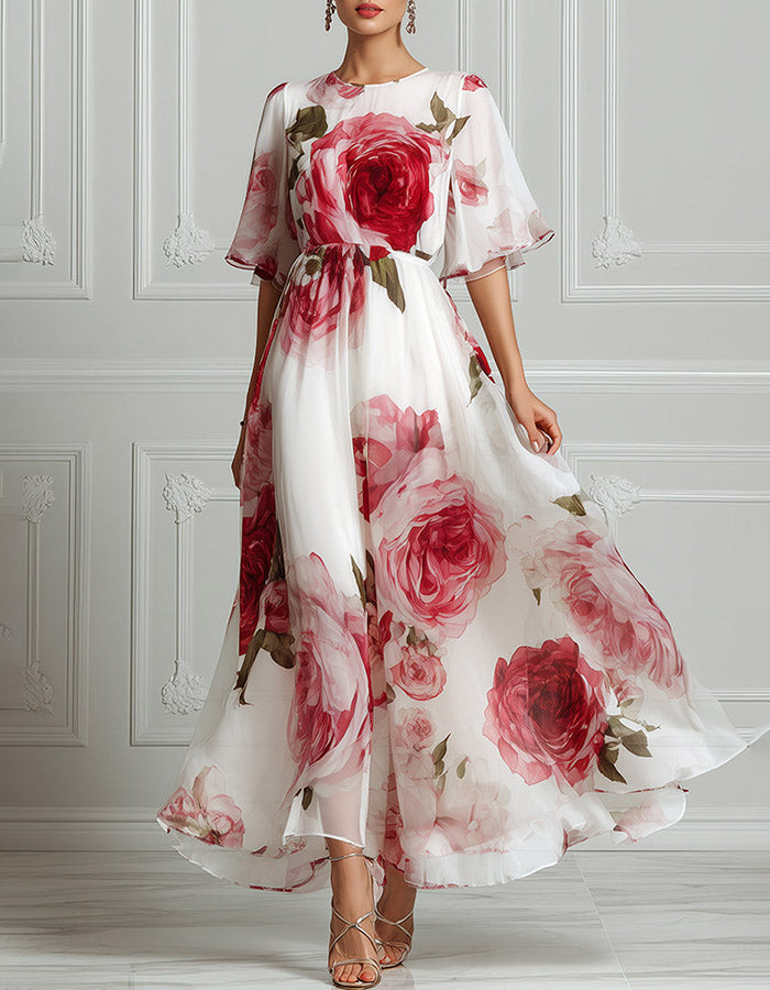 Watercolor Rose Print Round Neck Flutter Sleeve Chiffon Maxi Dress
