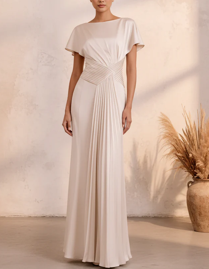 Multi-colored Satin Boat Neck Maxi Dress