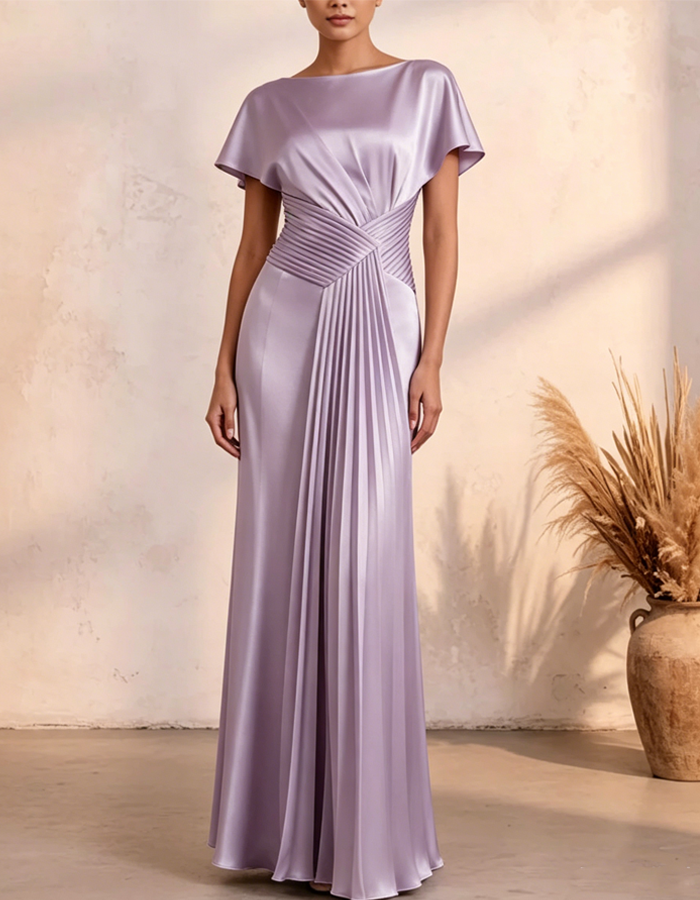 Multi-colored Satin Boat Neck Maxi Dress