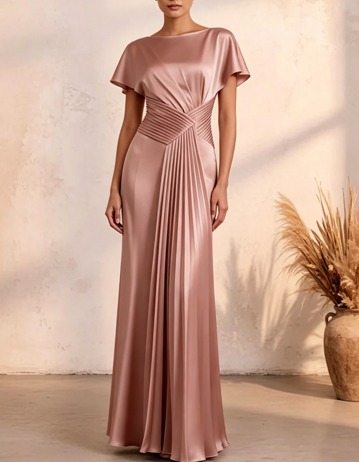 Multi-colored Satin Boat Neck Maxi Dress