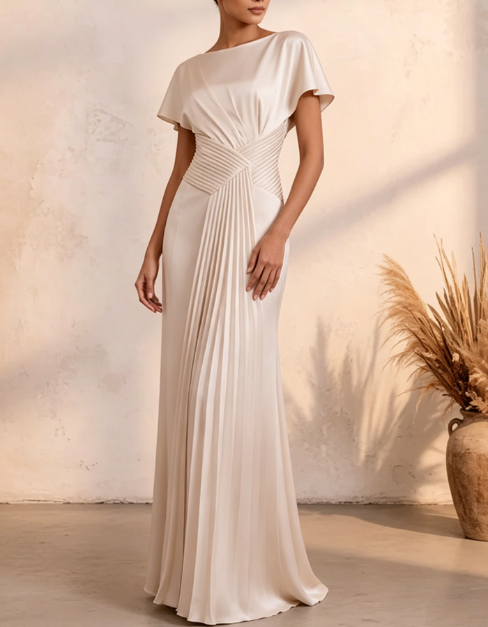 Multi-colored Satin Boat Neck Maxi Dress