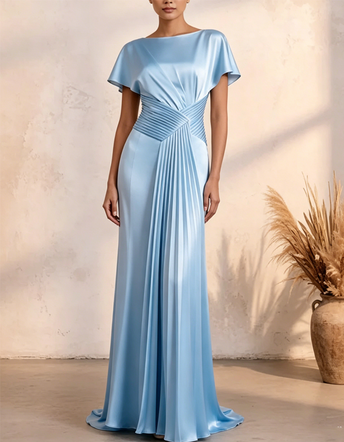 Multi-colored Satin Boat Neck Maxi Dress