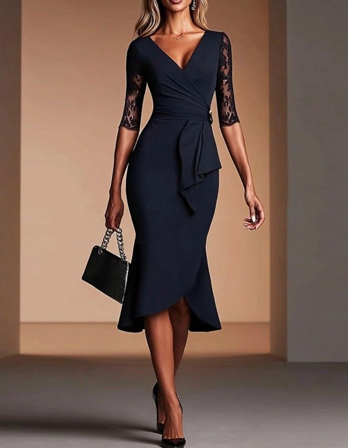 Deep Navy Blue Wrap-style V-neck Lace Midi Dress