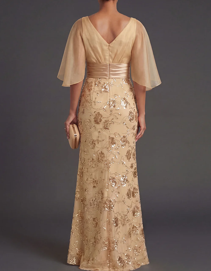 Champagne-colored Boat-neck Floral Lace Maxi Dress