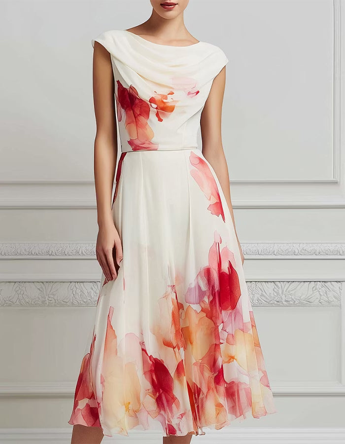 Cream Colored Chiffon Halter Neck Watercolor Floral Print Midi Dress