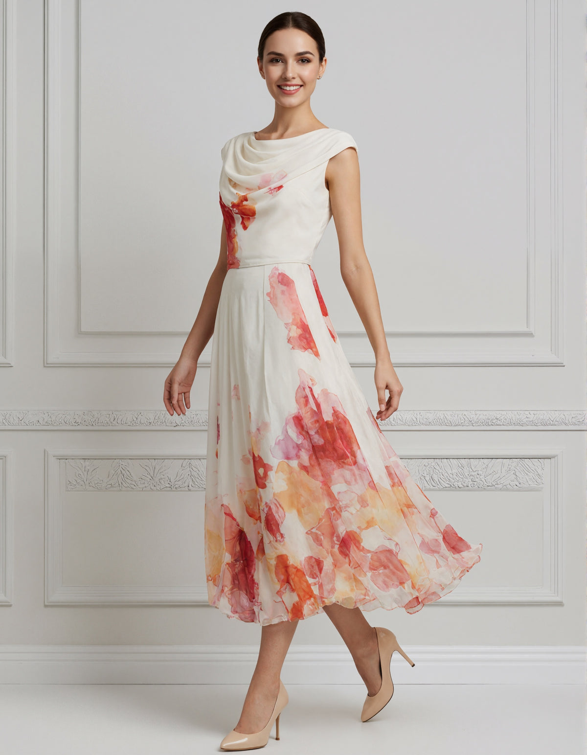 Cream Colored Chiffon Halter Neck Watercolor Floral Print Midi Dress