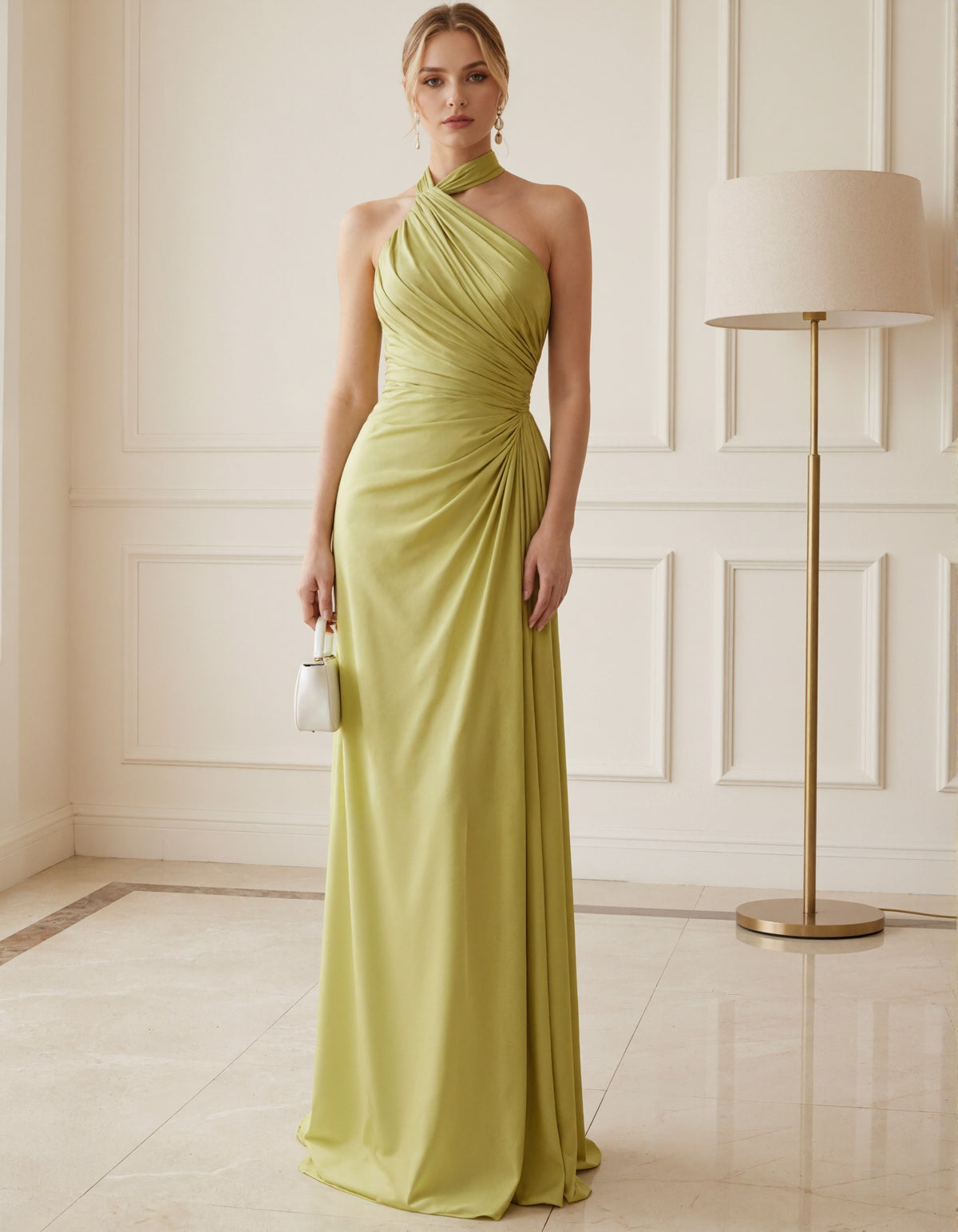 Avocado Green Satin Backless Halter Neck Maxi Dress