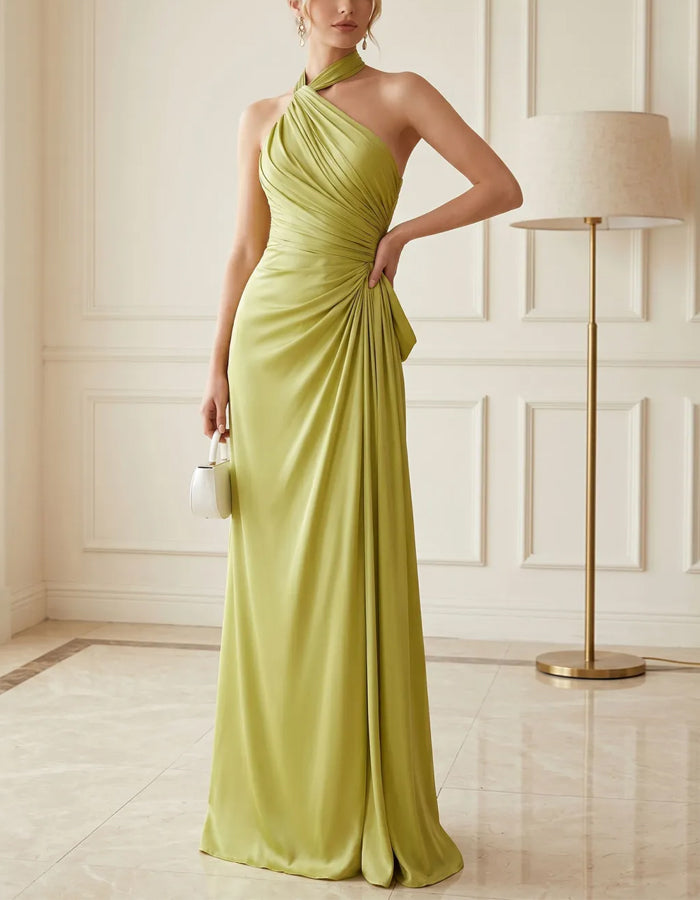 Avocado Green Satin Backless Halter Neck Maxi Dress