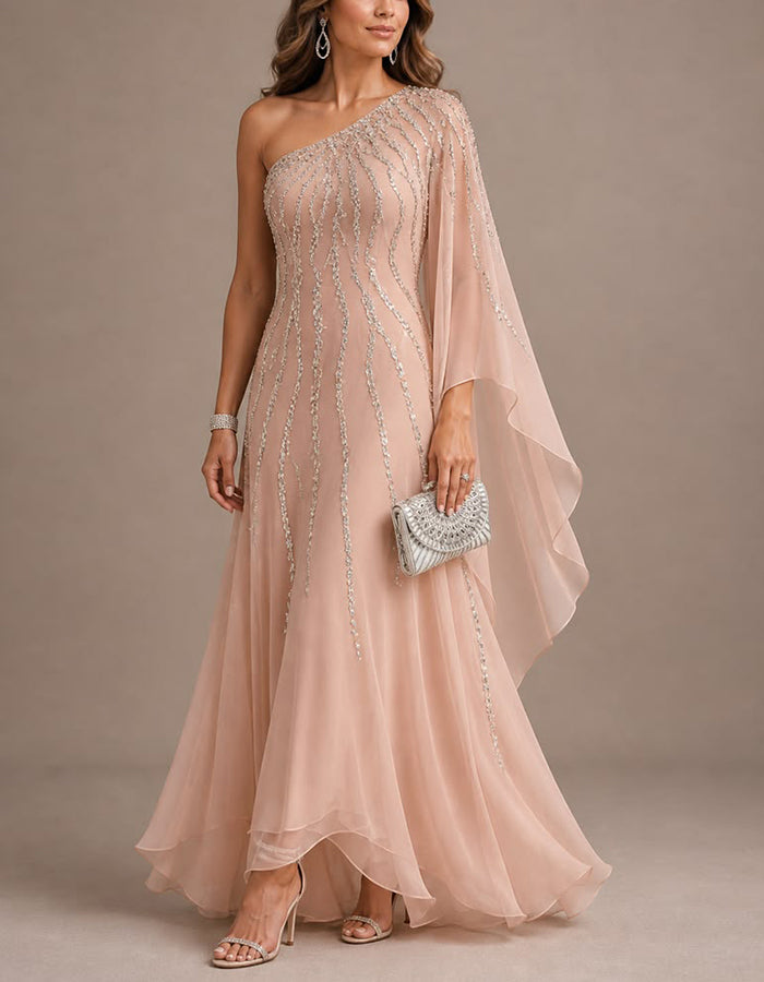 Pink Chiffon One Shoulder Shawl Sleeve Sequins Maxi Dress