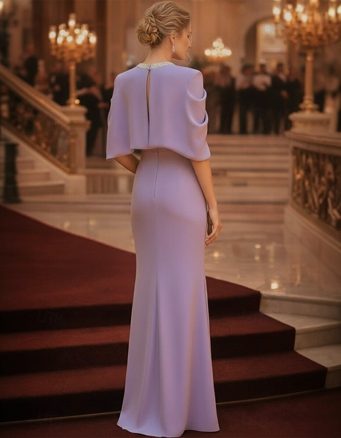 Sequin Round Neck Cape Sleeve Mesh Keyhole Maxi Dress