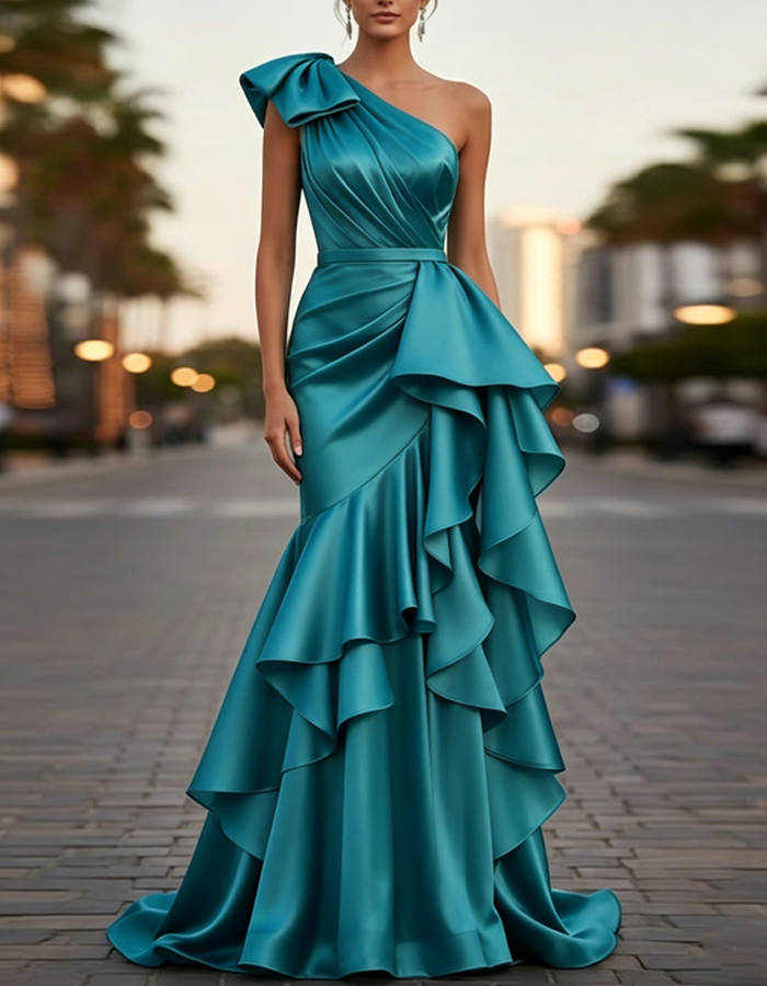 Multi-colored Satin One-shoulder Maxi Dress