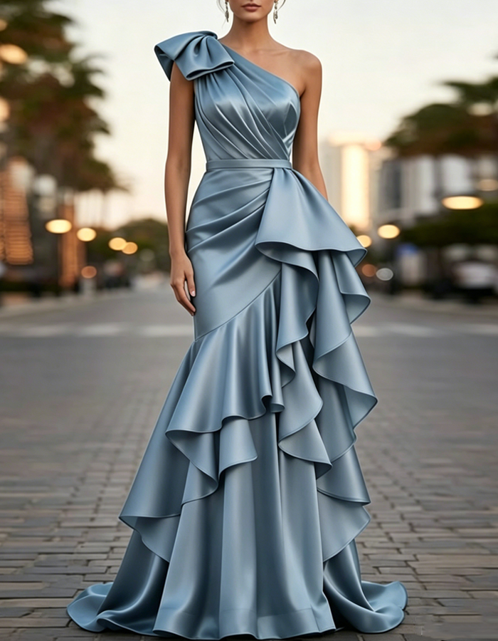 Multi-colored Satin One-shoulder Maxi Dress