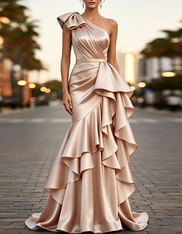 Multi-colored Satin One-shoulder Maxi Dress