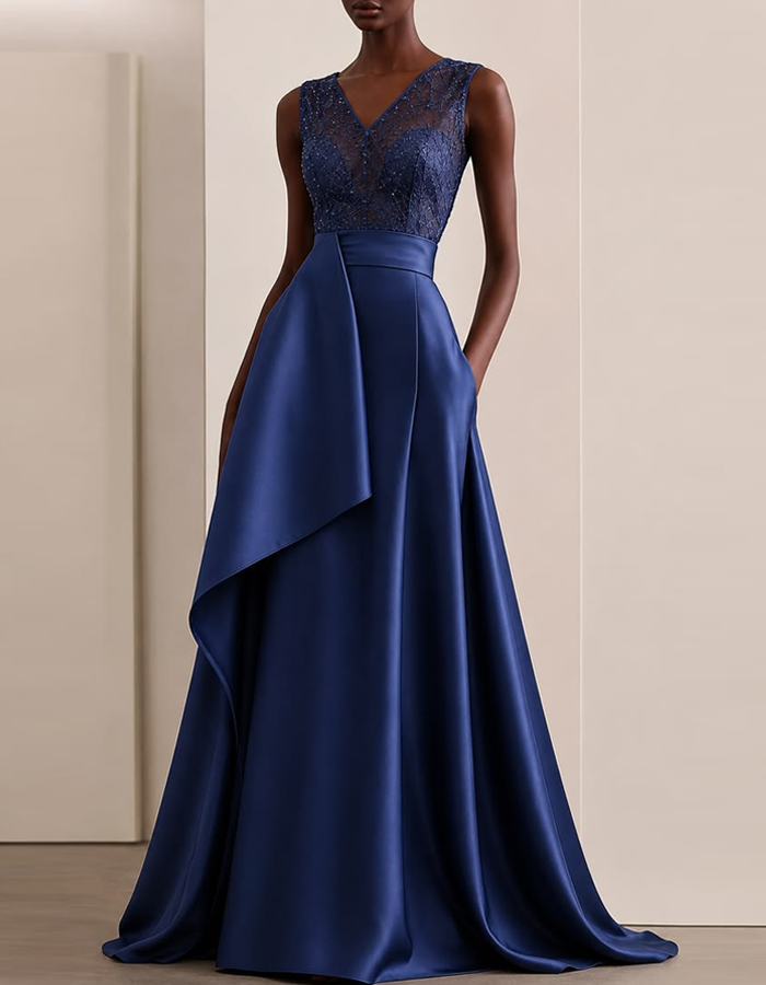 Navy Blue Lace V-neck Satin Maxi Dress