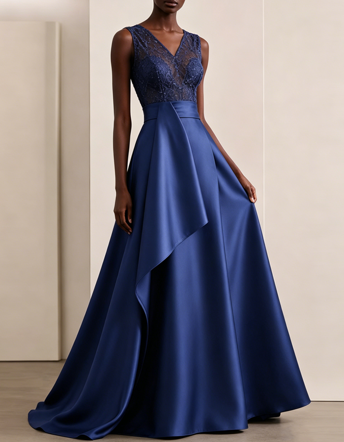 Navy Blue Lace V-neck Satin Maxi Dress