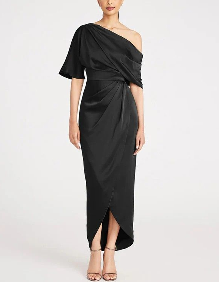 Asymmetrical Off-the-shoulder Satin Midi Dress