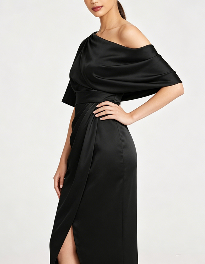 Asymmetrical Off-the-shoulder Satin Midi Dress