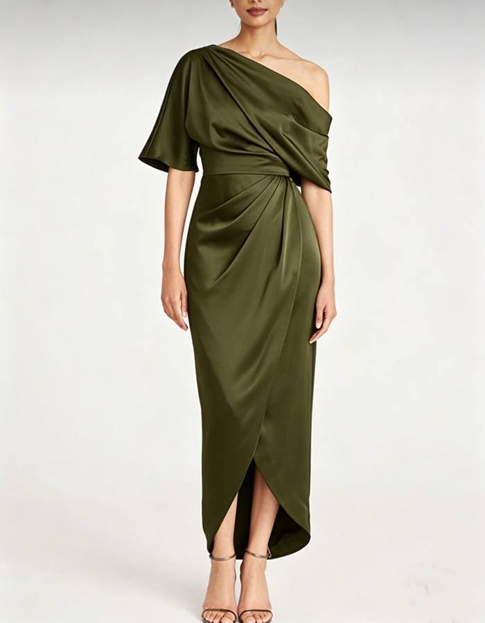 Asymmetrical Off-the-shoulder Satin Midi Dress