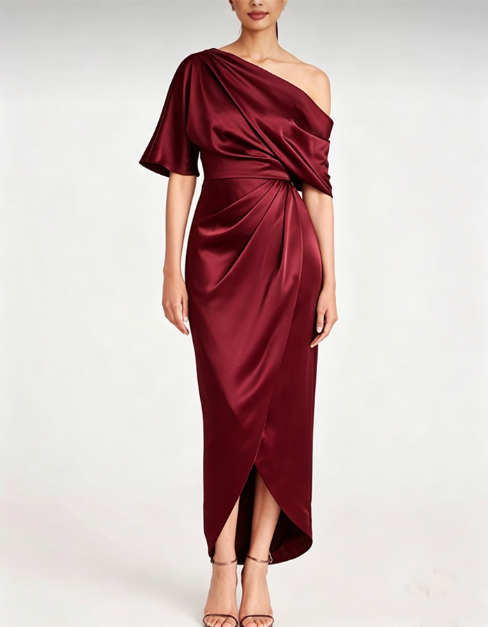 Asymmetrical Off-the-shoulder Satin Midi Dress
