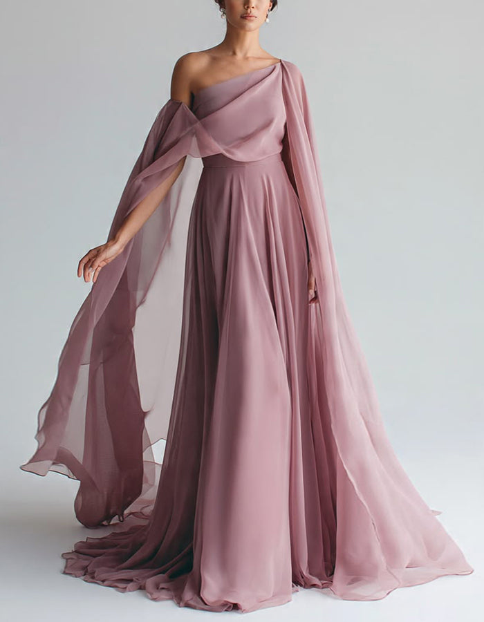Grayish Pink Chiffon One Shoulder  Maxi Dress