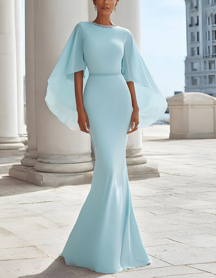 Sky Blue Chiffon Round Neck Sequins Maxi Dress