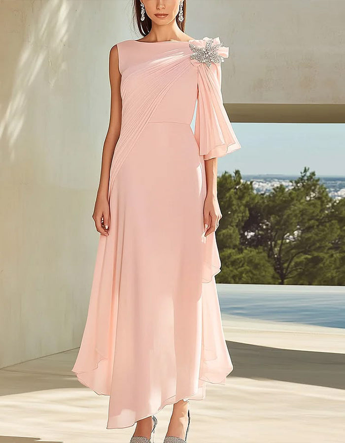 Pink Chiffon Boat Neck Pleated One Shoulder Maxi Dress