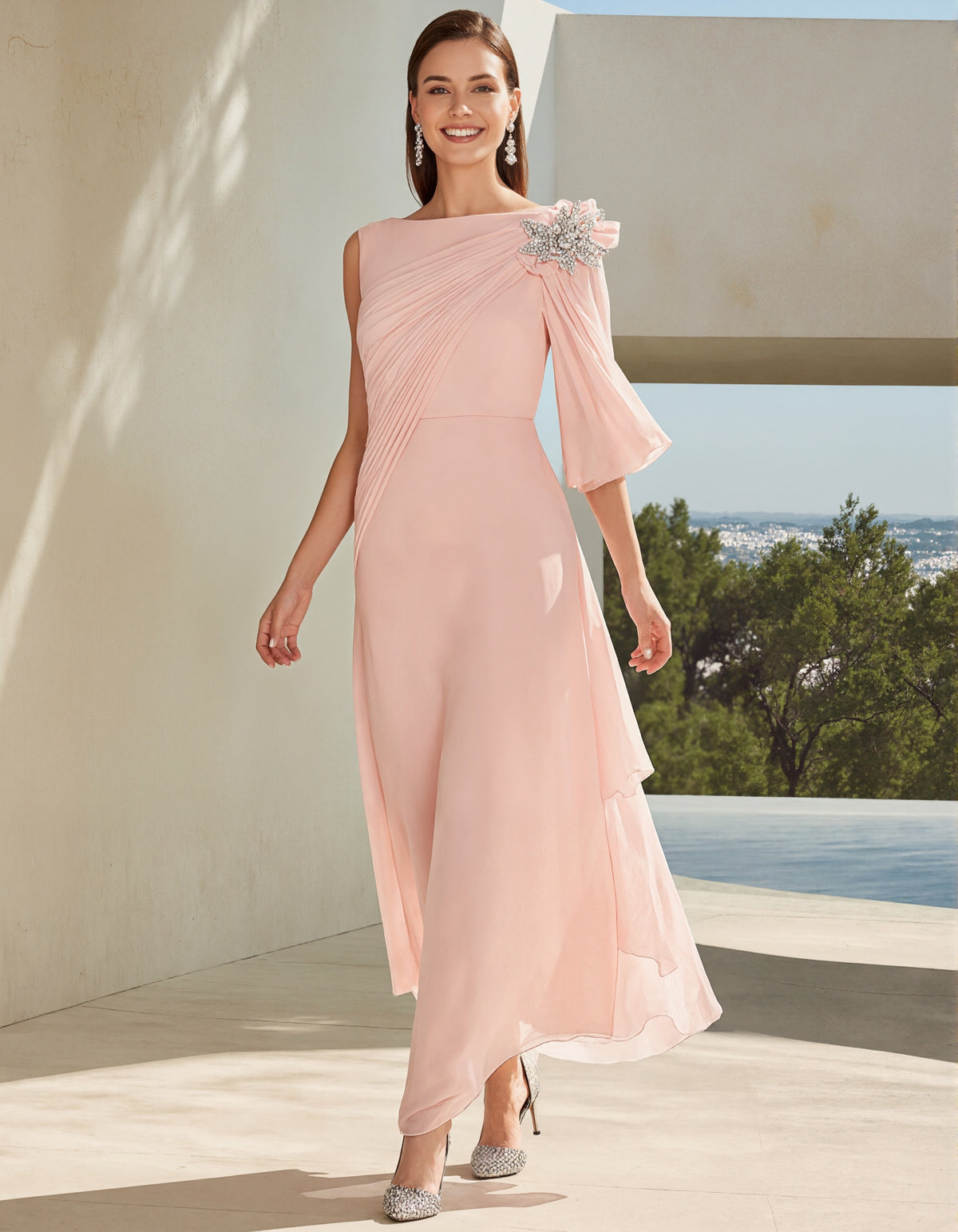 Pink Chiffon Boat Neck Pleated One Shoulder Maxi Dress