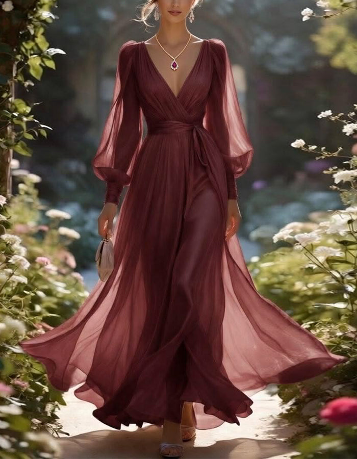 Burgundy Chiffon Deep V Lantern Long Sleeve Tie Maxi Dress