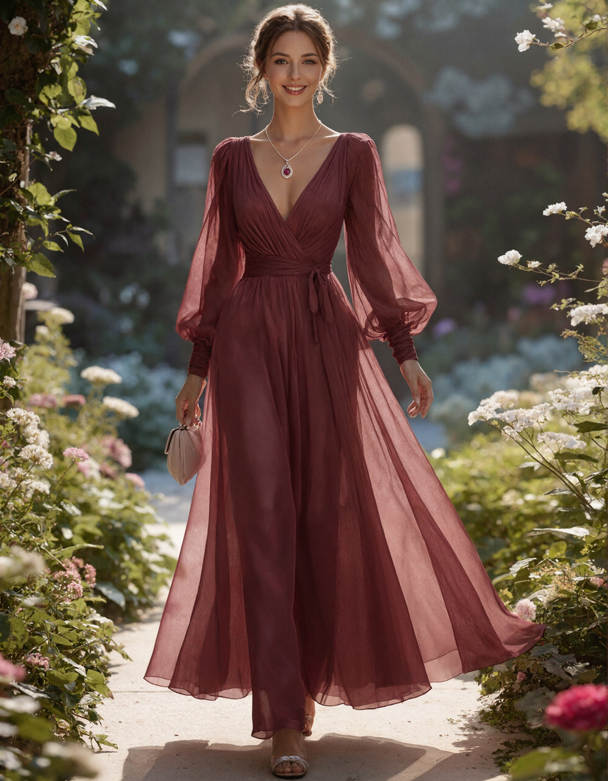Burgundy Chiffon Deep V Lantern Long Sleeve Tie Maxi Dress