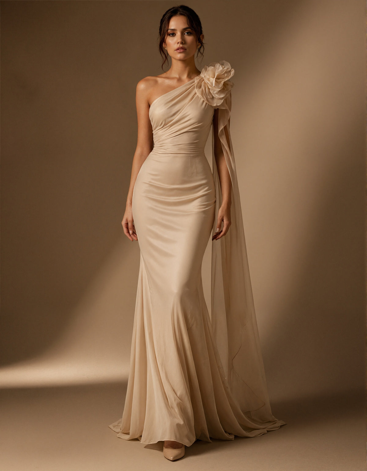 Champagne Colored Satin Chiffon 3D Floral Pattern Maxi Dress