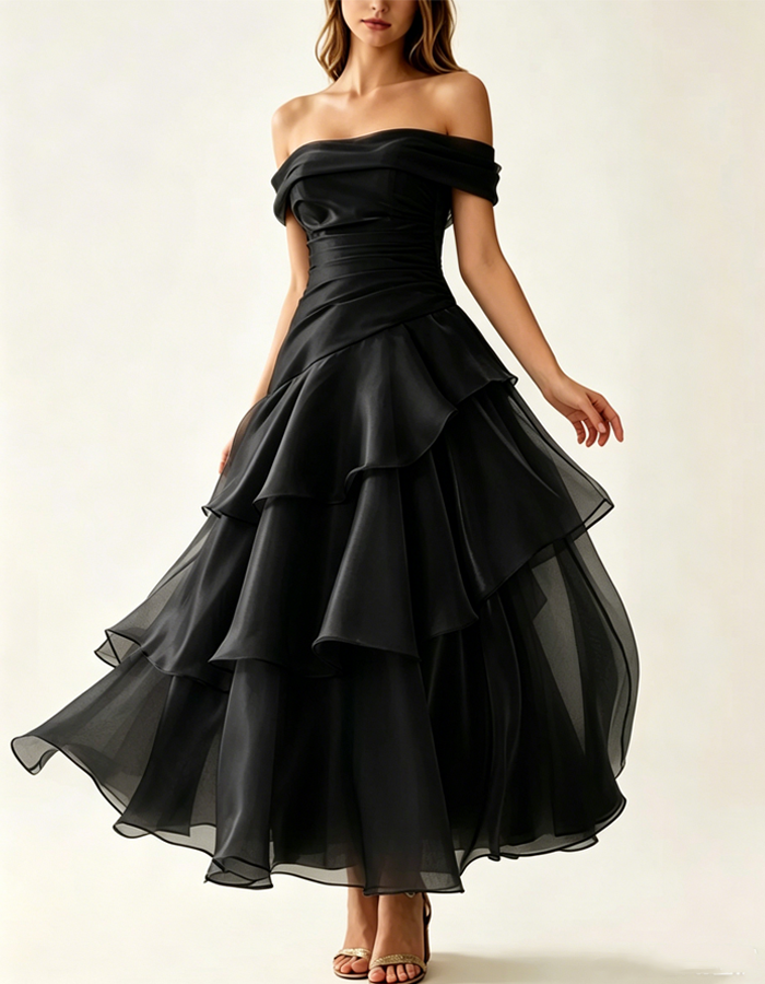 Off-the-shoulder Pleated Maxi Dress