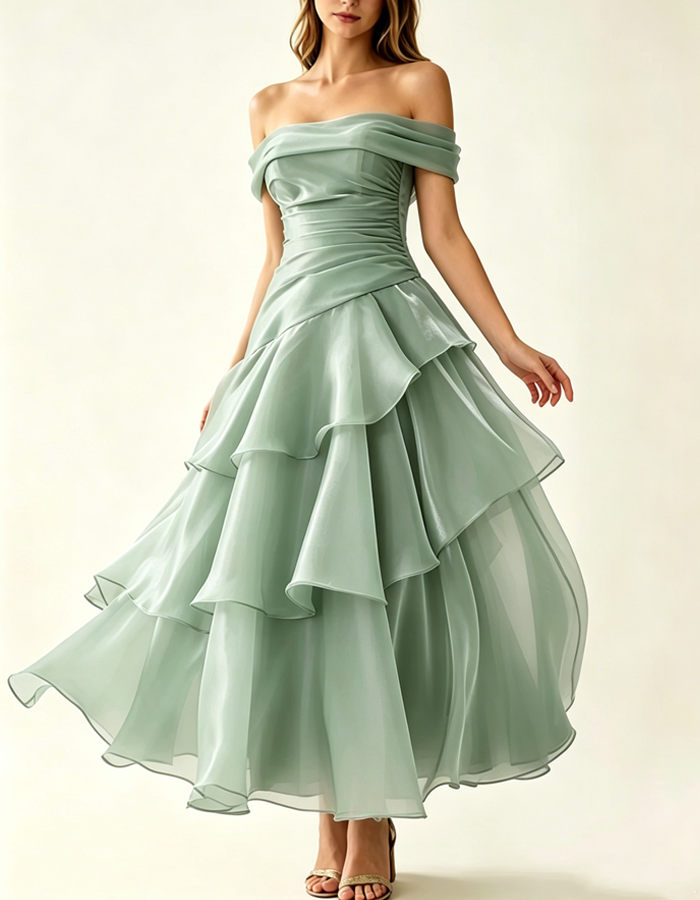 Off-the-shoulder Pleated Maxi Dress