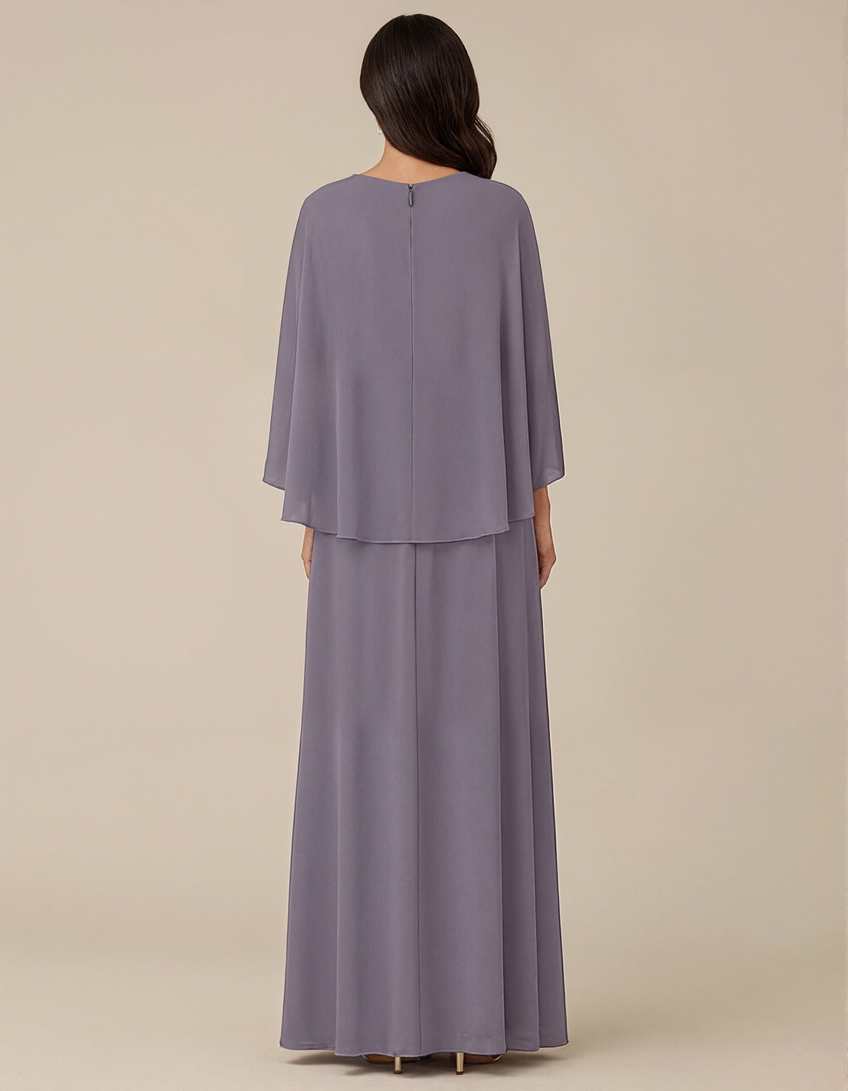 Purple Round Neck Chiffon Draped Shoulder Shawl Sleeves Maxi Dress