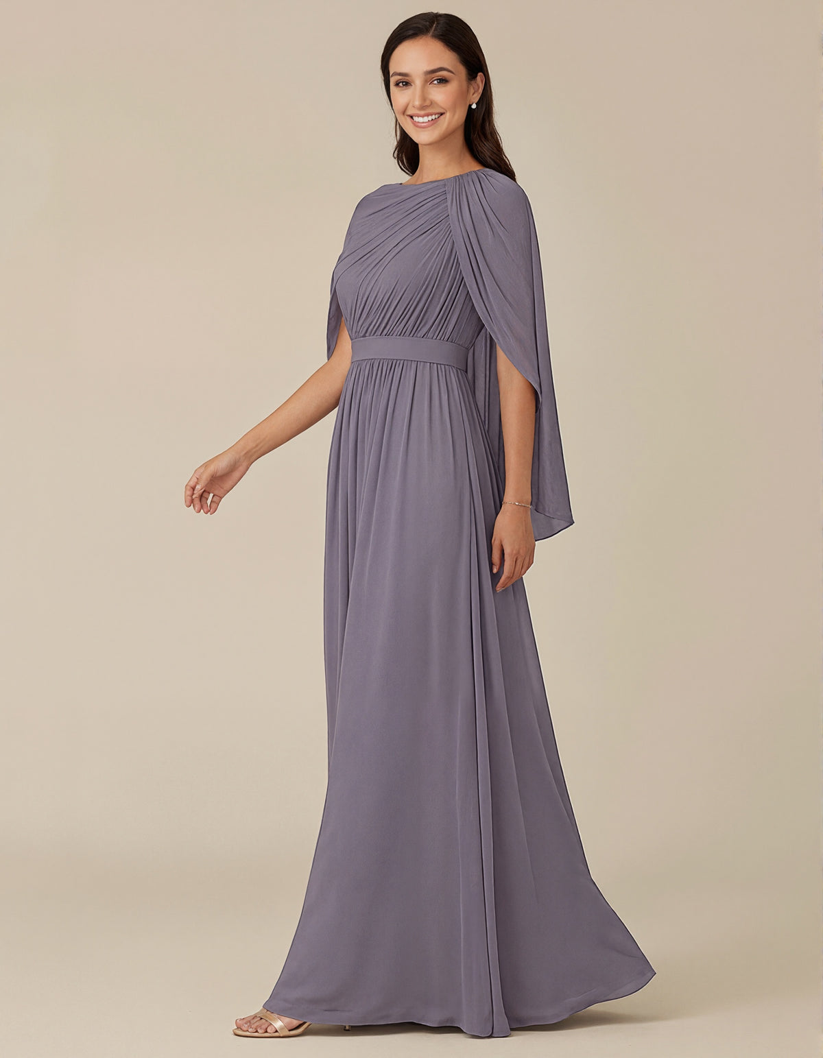 Purple Round Neck Chiffon Draped Shoulder Shawl Sleeves Maxi Dress