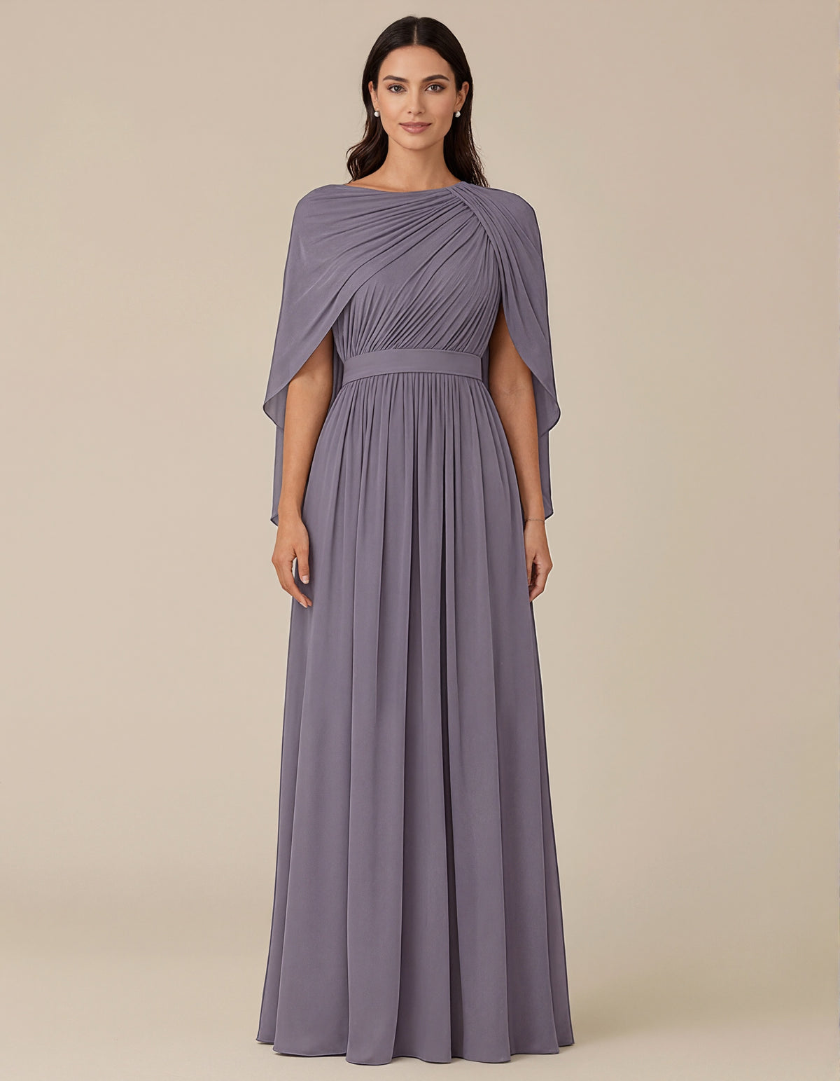 Purple Round Neck Chiffon Draped Shoulder Shawl Sleeves Maxi Dress