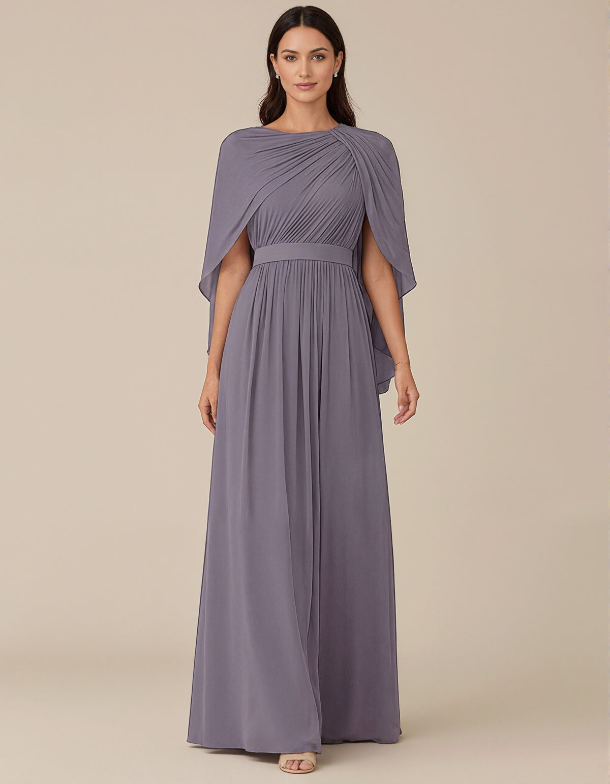 Purple Round Neck Chiffon Draped Shoulder Shawl Sleeves Maxi Dress