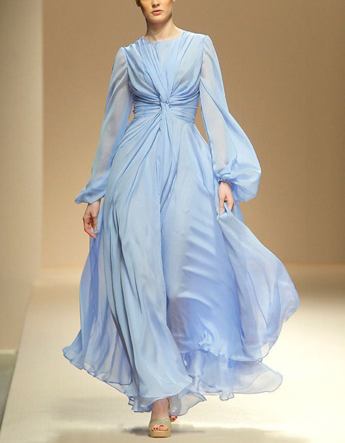 Light Blue Chiffon Round Neck Lantern Long Sleeve Maxi Dress