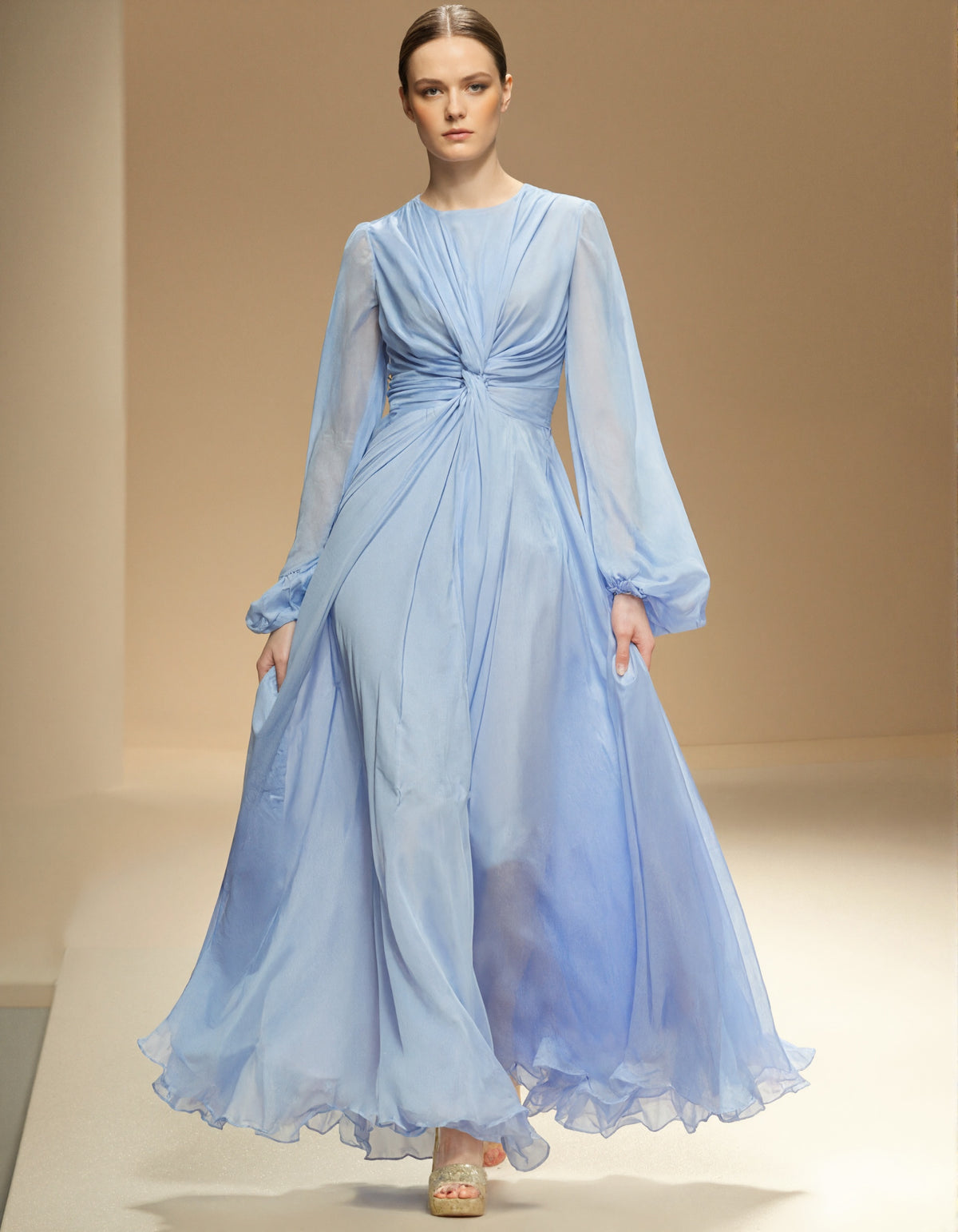 Light Blue Chiffon Round Neck Lantern Long Sleeve Maxi Dress