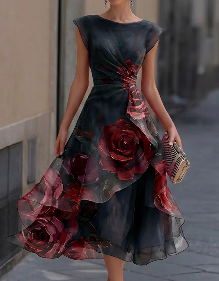 Black Watercolor Red Rose Print Round Neck Chiffon Midi Dress