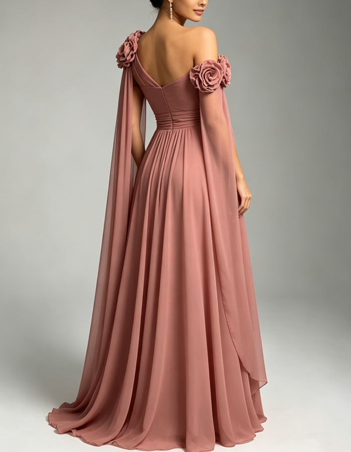 Rose Pink One-shoulder Chiffon Maxi Dress