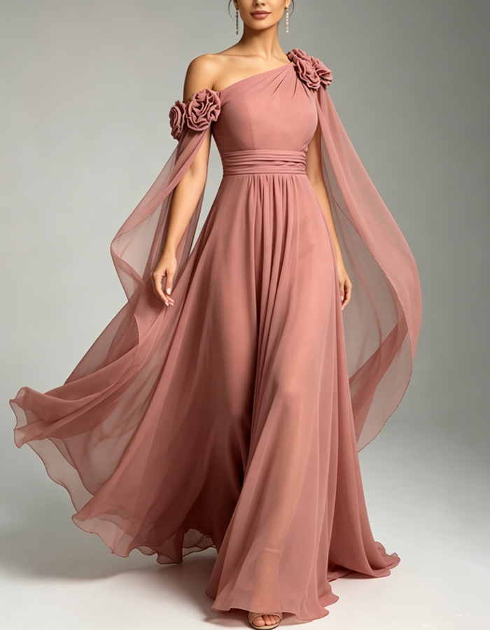 Rose Pink One-shoulder Chiffon Maxi Dress